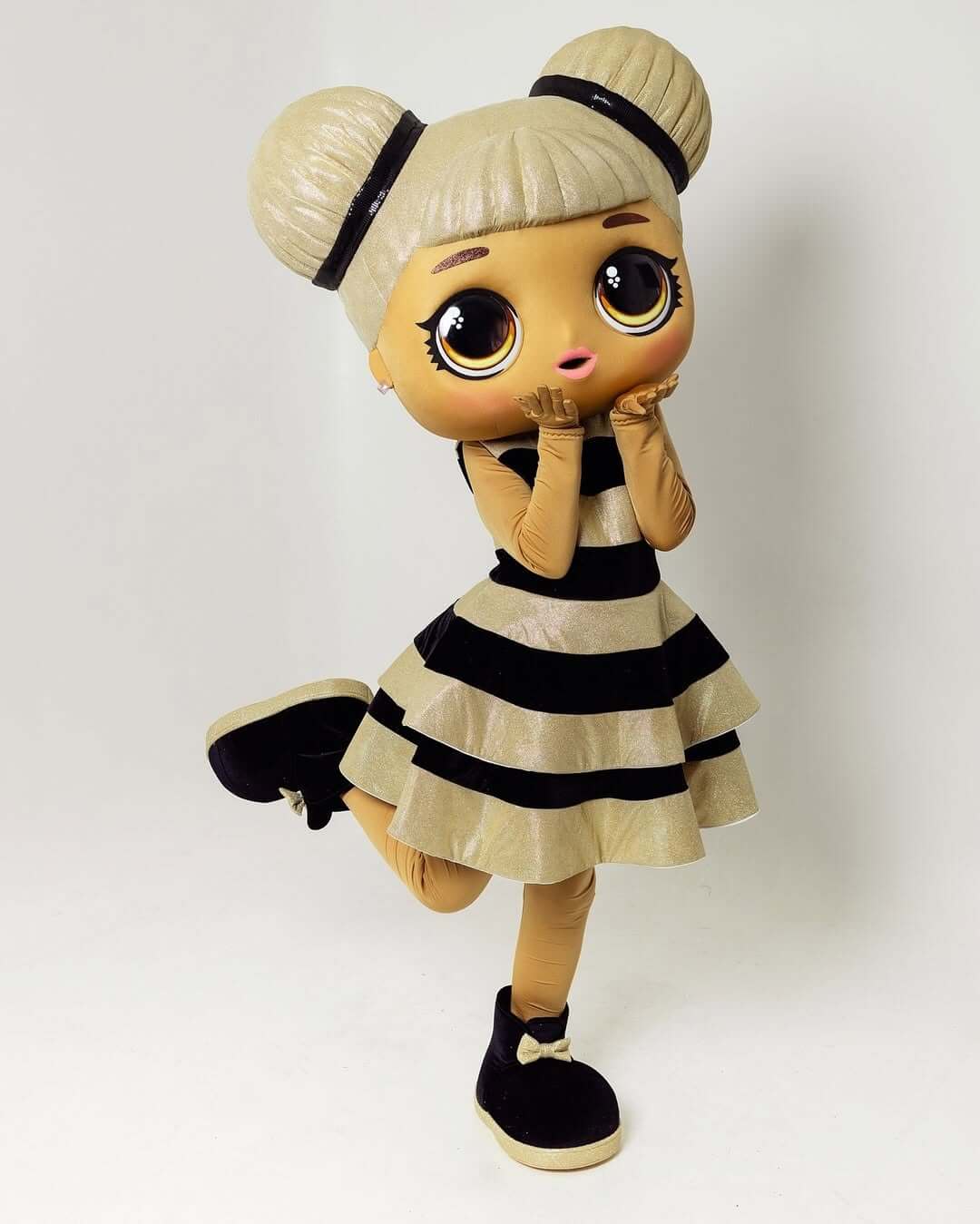 LOL Doll mascot striking a ballerina pose – kids' entertainment character for parties in Espoo, Uusimaa, Finland.