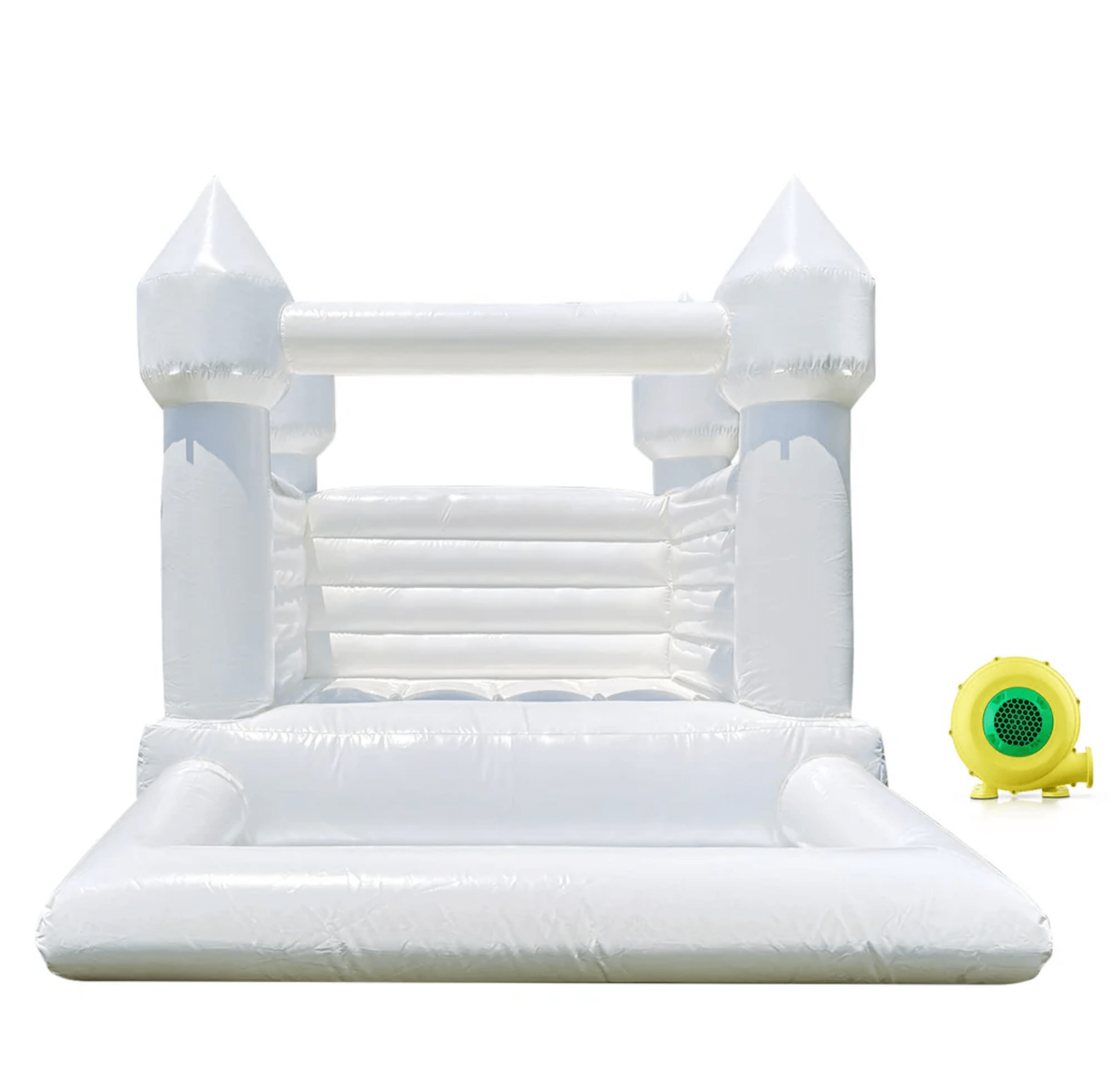 White inflatable bounce house with ball pit – available for party rental in Espoo, Uusimaa, Finland.
