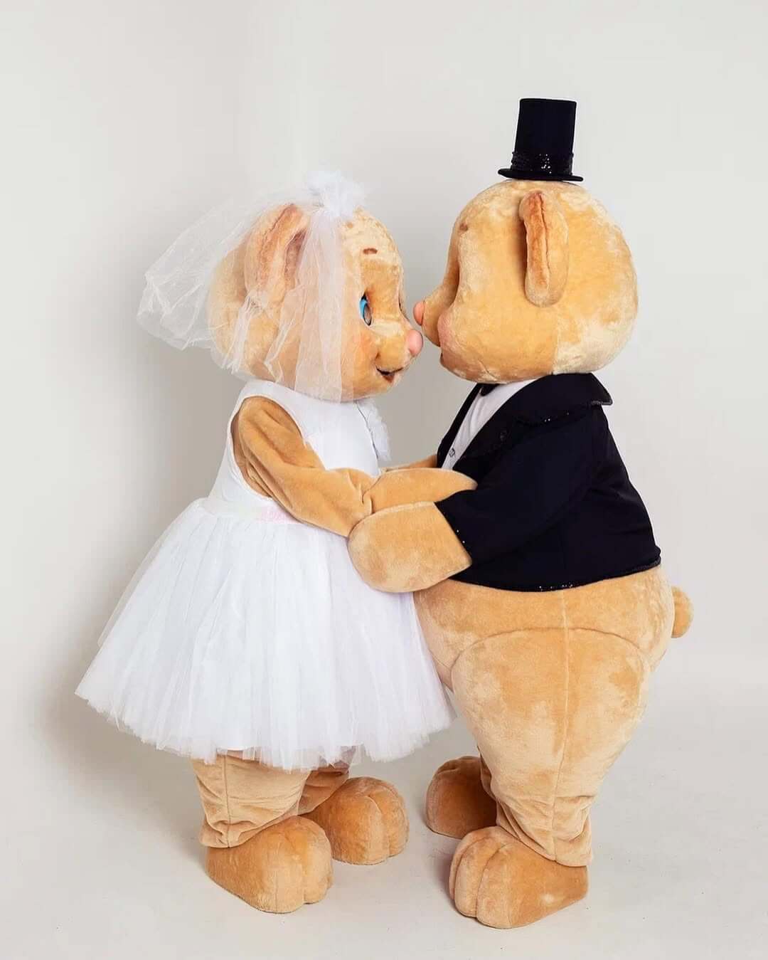 Teddy bear mascots in wedding outfits – unique wedding entertainment option in Espoo, Uusimaa, Finland.